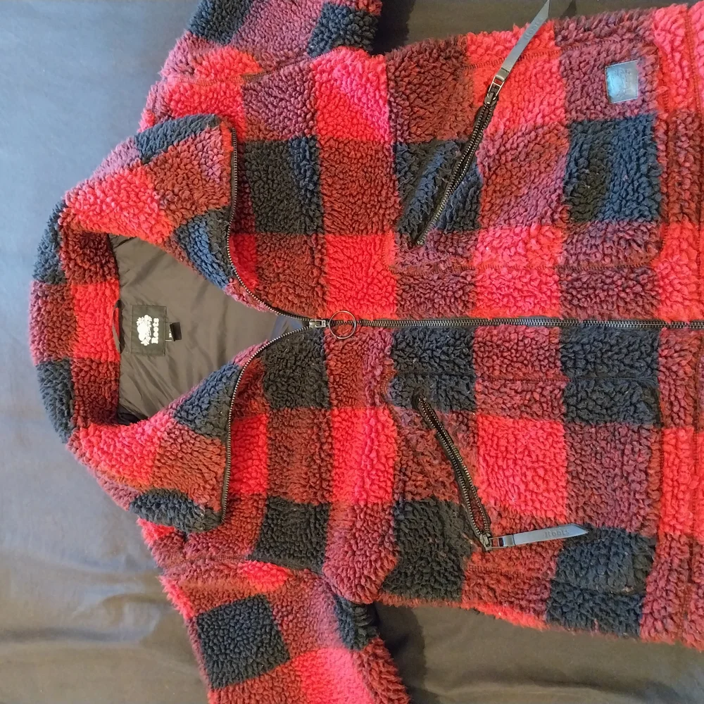 Women's Red and Black Sherpa Jacket - Picture 2 of 5